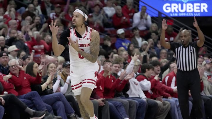 Wisconsin guard Braeden Carrington (0) reacts after hitting a three-point basket during the first half of their game against UCLA Tuesday, January 6, 2026 at the Kohl Center in Madison, Wisconsin.