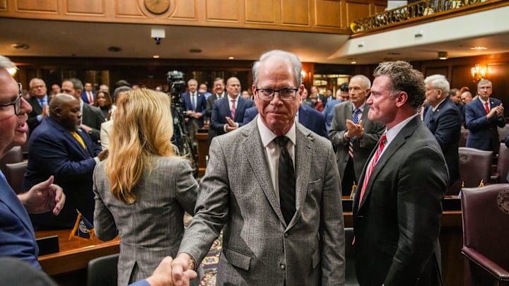Gov. Mike Braun of Indiana walks to the podium last month at the Indiana State of the State address in the Indianapolis state capitol. Gov. Mike Braun of Indiana walks to the podium last month at the Indiana State of the State address in the Indianapolis state capitol.