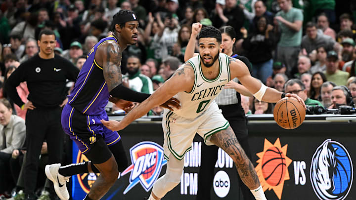 Mar 8, 2025; Boston, Massachusetts, USA; Boston Celtics forward Jayson Tatum (0) drives to the basket against the Los Angeles Lakers during the fourth quarter at the TD Garden. Mandatory Credit: Brian Fluharty-Imagn Images