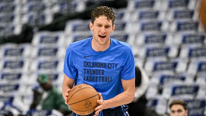 May 13, 2024; Dallas, Texas, USA; Oklahoma City Thunder center Mike Muscala (50) warms up before the game between the Dallas Mavericks and the Oklahoma City Thunder in game four of the second round for the 2024 NBA playoffs at American Airlines Center. Mandatory Credit: Jerome Miron-Imagn Images