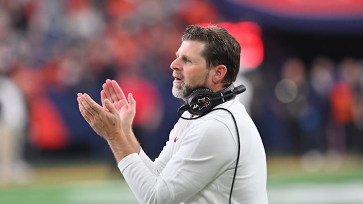 Nov 2, 2024; Syracuse, New York, USA; Virginia Tech Hokies head coach Brent Pry reacts to a play against the Syracuse Orange in the third quarter at JMA Wireless Dome. Mandatory Credit: Mark Konezny-Imagn Images