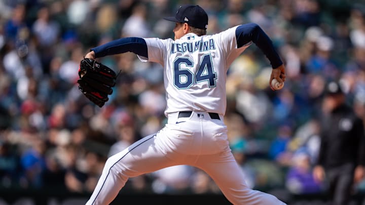 Seattle Mariners reliever Casey Legumina (64) delivers a pitch against the Seattle Mariners at T-Mobile Park on April 30.