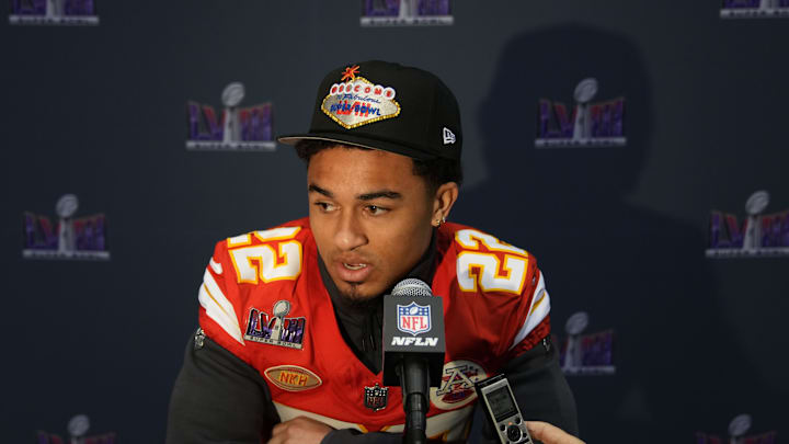 Feb 8, 2024; Las Vegas, NV, USA; Kansas City Chiefs cornerback Trent McDuffie (22) during a press conference before Super Bowl LVIII at Westin Lake Las Vegas Resort and Spa. Mandatory Credit: Kyle Terada-USA TODAY Sports