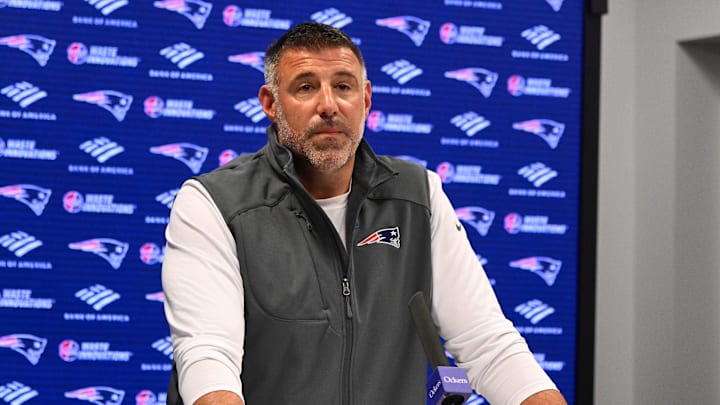 May 9, 2025; Foxborough, MA, USA;  New England Patriots head coach Mike Vrabel speaks the to media during a press conference at Gillette Stadium. Mandatory Credit: Eric Canha-Imagn Images