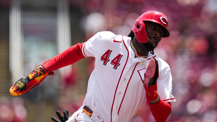 May 31, 2026; Cincinnati, Ohio, USA;  Cincinnati Reds shortstop Elly de la Cruz scores a run against the Atlanta Braves in the first inning at Great American Ball Park. Mandatory Credit: Aaron Doster-Imagn Images