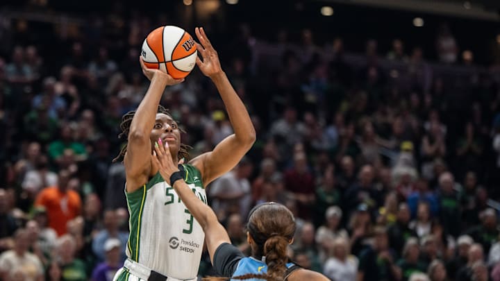 Aug 27, 2025; Seattle, Washington, USA; Seattle Storm forward Nneka Ogwumike (3) shoots the ball over Chicago Sky forward Angel Reese (5) during the first half at T-Mobile Park. Mandatory Credit: Stephen Brashear-Imagn Images