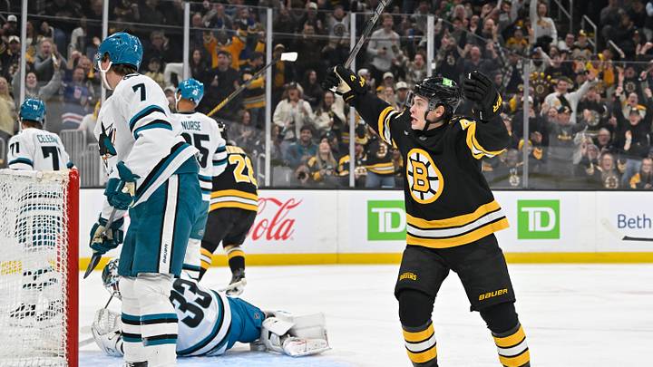 Oct 24, 2026; Boston, Massachusetts, USA; Boston Bruins center James Hagens (44) reacts to a goal by Casey Mittelstadt (not pictured) against San Jose Sharks goaltender Alex Nedeljkovic (33) during the first period at TD Garden. Mandatory Credit: Eric Canha-Imagn Images Oct 24, 2026; Boston, Massachusetts, USA; Boston Bruins center James Hagens (44) reacts to a goal by Casey Mittelstadt (not pictured) against San Jose Sharks goaltender Alex Nedeljkovic (33) during the first period at TD Garden. Mandatory Credit: Eric Canha-Imagn Images