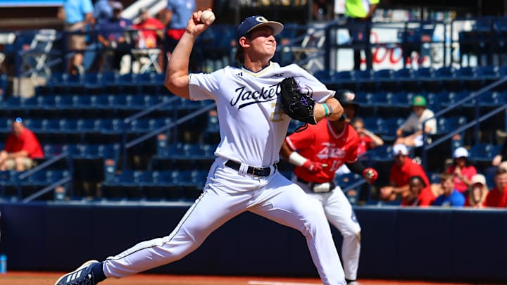 May 30, 2025; Oxford, MS, USA;  Georgia Tech Yellowjackets starting pitcher Tate McKee (22) pitches during the first inning against the Western Kentucky Hilltoppers. Mandatory Credit: Petre Thomas-Imagn Images