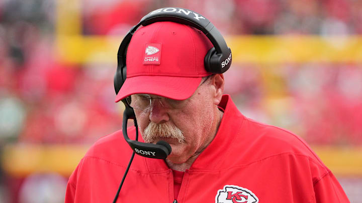 Sep 14, 2025; Kansas City, Missouri, USA; Kansas City Chiefs head coach Andy Reid looks on during the third quarter of the game against the Philadelphia Eagles at GEHA Field at Arrowhead Stadium. Mandatory Credit: Denny Medley-Imagn Images