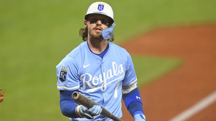 Sep 11, 2025; Cleveland, Ohio, USA; Kansas City Royals shortstop Bobby Witt Jr. (7) reacts after striking out in the third inning against the Cleveland Guardians at Progressive Field. Mandatory Credit: David Richard-Imagn Images Sep 11, 2025; Cleveland, Ohio, USA; Kansas City Royals shortstop Bobby Witt Jr. (7) reacts after striking out in the third inning against the Cleveland Guardians at Progressive Field. Mandatory Credit: David Richard-Imagn Images