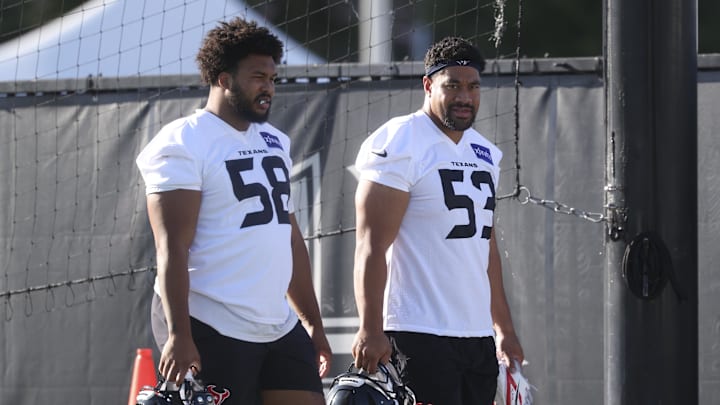 Jul 23, 2025; Houston, TX, USA; Houston Texans defensive tackle Kyonte Hamilton (58) and Houston Texans defensive tackle Junior Tafuna (53) during training camp at Houston Methodist Training Center. Mandatory Credit: Troy Taormina-Imagn Images Jul 23, 2025; Houston, TX, USA; Houston Texans defensive tackle Kyonte Hamilton (58) and Houston Texans defensive tackle Junior Tafuna (53) during training camp at Houston Methodist Training Center. Mandatory Credit: Troy Taormina-Imagn Images