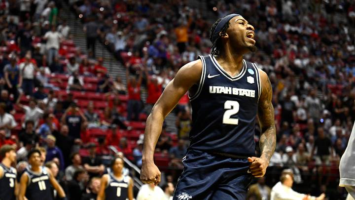 Mar 20, 2026; San Diego, CA, USA; Utah State Aggies guard Mj Collins (2) reacts in the second half against the Villanova Wildcats during a first round game of the men's 2026 NCAA Tournament at Viejas Arena. Mandatory Credit: Denis Poroy-Imagn Images Mar 20, 2026; San Diego, CA, USA; Utah State Aggies guard Mj Collins (2) reacts in the second half against the Villanova Wildcats during a first round game of the men's 2026 NCAA Tournament at Viejas Arena. Mandatory Credit: Denis Poroy-Imagn Images
