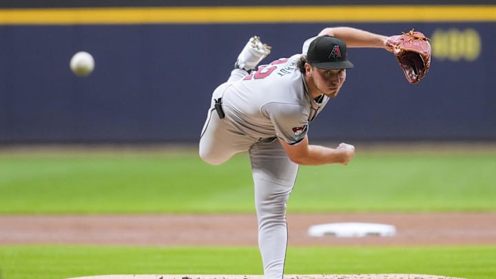 Sep 19, 2024; Milwaukee, Wisconsin, USA;  Arizona Diamondbacks pitcher Brandon Pfaadt (32) throws a pitch during the first inning against the Milwaukee Brewers at American Family Field.