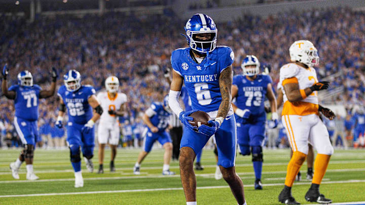 Oct 28, 2023; Lexington, Kentucky, USA; Kentucky Wildcats wide receiver Dane Key (6) runs the ball into the end zone for a touchdown during the third quarter against the Tennessee Volunteers at Kroger Field. Mandatory Credit: Jordan Prather-Imagn Images