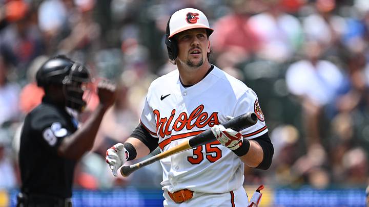 Jun 14, 2026; Baltimore, Maryland, USA; Baltimore Orioles catcher Adley Rutschman (35) walks back to the dugout after striking out to end the first inning against the San Diego Padres at Oriole Park at Camden Yards. Mandatory Credit: Jamie Sabau-Imagn Images Jun 14, 2026; Baltimore, Maryland, USA; Baltimore Orioles catcher Adley Rutschman (35) walks back to the dugout after striking out to end the first inning against the San Diego Padres at Oriole Park at Camden Yards. Mandatory Credit: Jamie Sabau-Imagn Images