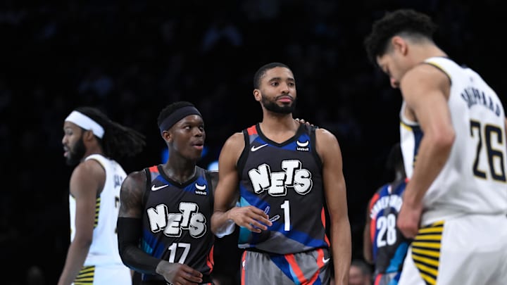 Apr 3, 2024; Brooklyn, New York, USA; Brooklyn Nets guard Dennis Schroder (17) and Brooklyn Nets