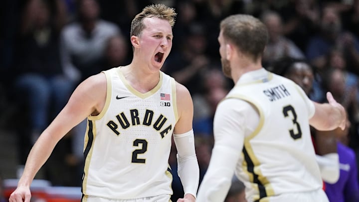 Purdue Boilermakers guard Fletcher Loyer (2) yells in excitement with guard Braden Smith (3) 