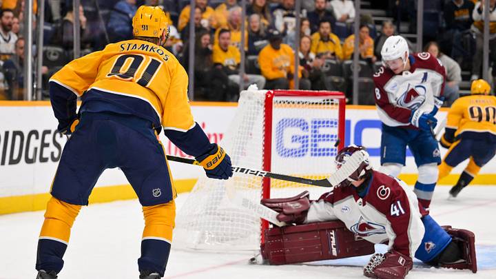 Oct 25, 2026; Nashville, Tennessee, USA; Nashville Predators center Steven Stamkos (91) scores a goal past Colorado Avalanche goaltender Scott Wedgewood (41) during the first period at Bridgestone Arena. Mandatory Credit: Steve Roberts-Imagn Images Oct 25, 2026; Nashville, Tennessee, USA; Nashville Predators center Steven Stamkos (91) scores a goal past Colorado Avalanche goaltender Scott Wedgewood (41) during the first period at Bridgestone Arena. Mandatory Credit: Steve Roberts-Imagn Images