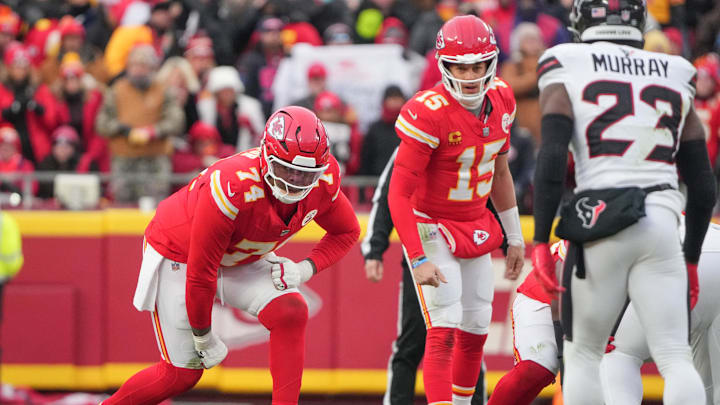  Kansas City Chiefs offensive tackle Jawaan Taylor (74) at the line of scrimmage against the Houston Texans during the first half of a 2025 AFC divisional round game at GEHA Field at Arrowhead Stadium.