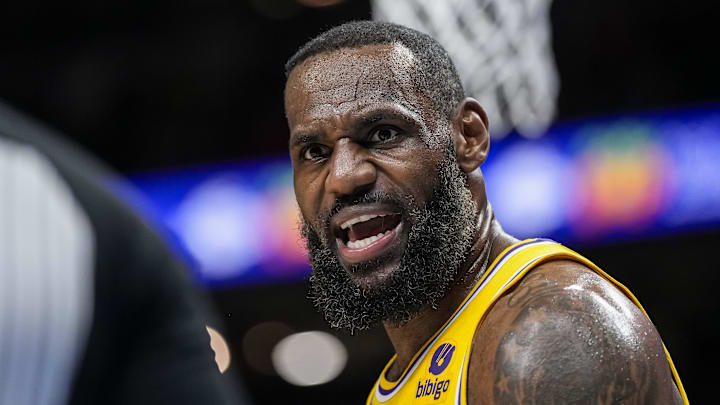 Los Angeles Lakers forward LeBron James (23) reacts to an official after being called for a foul during the game against the Atlanta Hawks  during the second half at State Farm Arena.