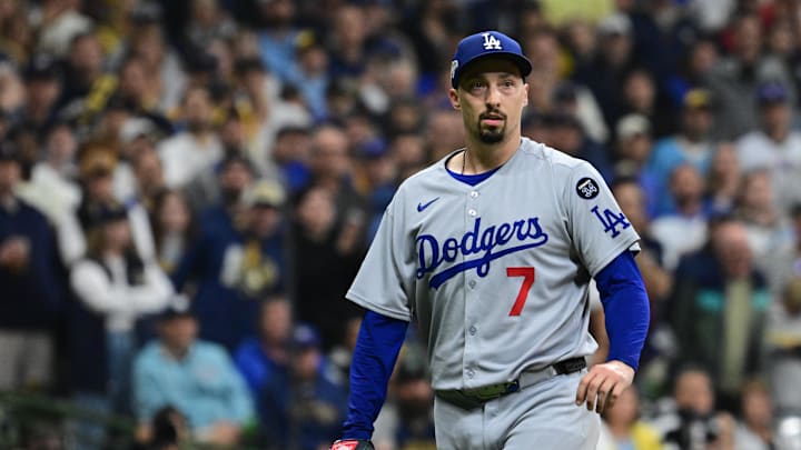 Oct 13, 2025; Milwaukee, Wisconsin, USA; Los Angeles Dodgers starting pitcher Blake Snell (7) walks back to the dugout following the seventh inning against the Milwaukee Brewers during game one of the NLCS round for the 2025 MLB playoffs at American Family Field. Mandatory Credit: Benny Sieu-Imagn Images Oct 13, 2025; Milwaukee, Wisconsin, USA; Los Angeles Dodgers starting pitcher Blake Snell (7) walks back to the dugout following the seventh inning against the Milwaukee Brewers during game one of the NLCS round for the 2025 MLB playoffs at American Family Field. Mandatory Credit: Benny Sieu-Imagn Images