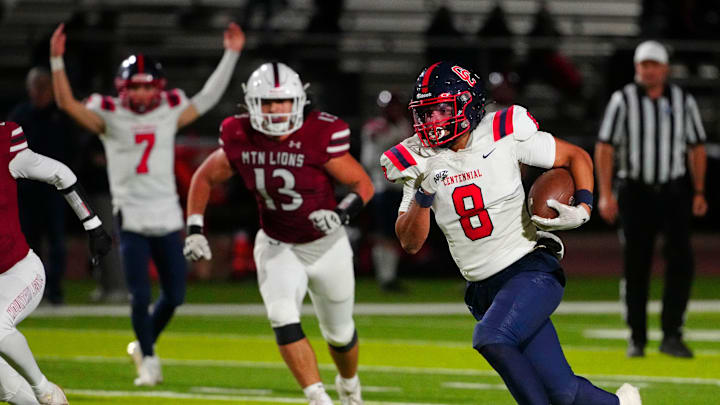 Centennial wide receiver Shamar Berryhill (8) breaks down the field for a rushing touchdown against Red Mountain during a 6A State Playoff game at Red Mountain High School in Phoenix on Nov. 15, 2024. Centennial wide receiver Shamar Berryhill (8) breaks down the field for a rushing touchdown against Red Mountain during a 6A State Playoff game at Red Mountain High School in Phoenix on Nov. 15, 2024.