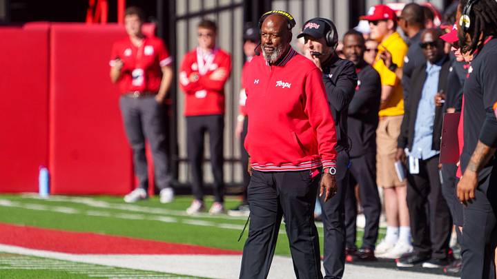 Maryland Terrapins head coach Mike Locksley walks onto the field during a timeout in the second quarter against the Nebraska Cornhuskers at Memorial Stadium. Maryland Terrapins head coach Mike Locksley walks onto the field during a timeout in the second quarter against the Nebraska Cornhuskers at Memorial Stadium.
