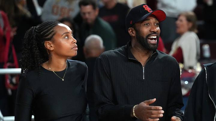 Jan 31, 2026; Los Angeles, California, USA; Gilbert Arenas (r9ght) and wife Melli Monaco attend the game between the Rutgers Scarlet Knights and the Southern California Trojans at Galen Center. Mandatory Credit: Kirby Lee-Imagn Images