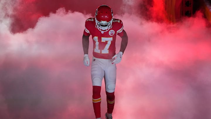 Nov 4, 2024; Kansas City, Missouri, USA; Kansas City Chiefs wide receiver Mecole Hardman (17) is introduced against the Tampa Bay Buccaneers prior to a game at GEHA Field at Arrowhead Stadium. Mandatory Credit: Denny Medley-Imagn Images