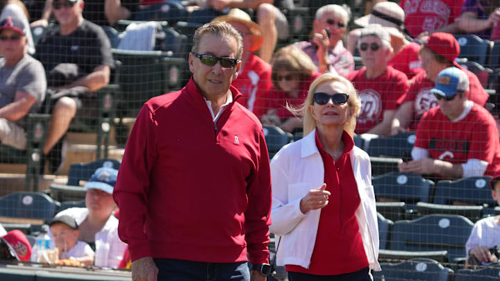 March 9, 2025; Tempe, Arizona, USA; Los Angeles Angels owner Arte Moreno arrives  for a game against the Cincinnati Reds at Tempe Diablo Stadium. Mandatory Credit: Rick Scuteri-Imagn Images