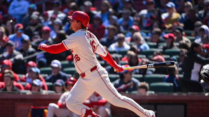 Mar 28, 2026; St. Louis, Missouri, USA; St. Louis Cardinals designated hitter Nolan Gorman (16) hits a one run single against the Tampa Bay Rays during the first inning at Busch Stadium. Mandatory Credit: Jeff Curry-Imagn Images Mar 28, 2026; St. Louis, Missouri, USA; St. Louis Cardinals designated hitter Nolan Gorman (16) hits a one run single against the Tampa Bay Rays during the first inning at Busch Stadium. Mandatory Credit: Jeff Curry-Imagn Images