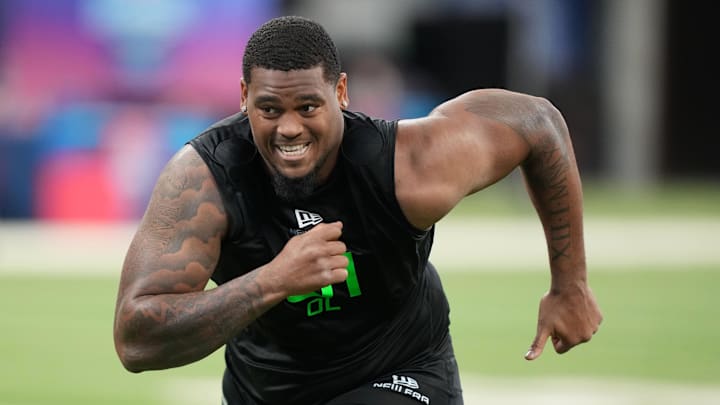 Mar 2, 2025; Indianapolis, IN, USA; Texas offensive lineman Kelvin Banks (OL01) during the 2025 NFL Combine at Lucas Oil Stadium. Mandatory Credit: Kirby Lee-Imagn Images