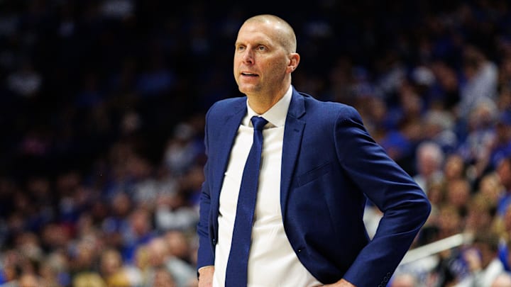 Nov 9, 2024; Lexington, Kentucky, USA; Kentucky Wildcats head coach Mark Pope looks on during the second half against the Bucknell Bison at Rupp Arena at Central Bank Center. Mandatory Credit: Jordan Prather-Imagn Images