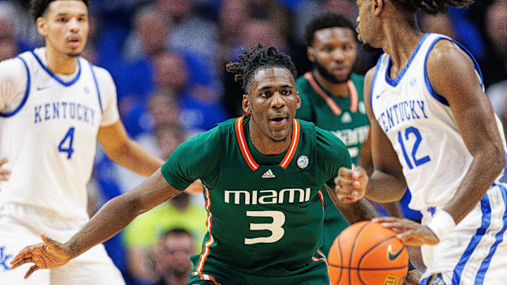 Nov 28, 2023; Lexington, Kentucky, USA; Miami (Fl) Hurricanes guard Christian Watson (3) guards