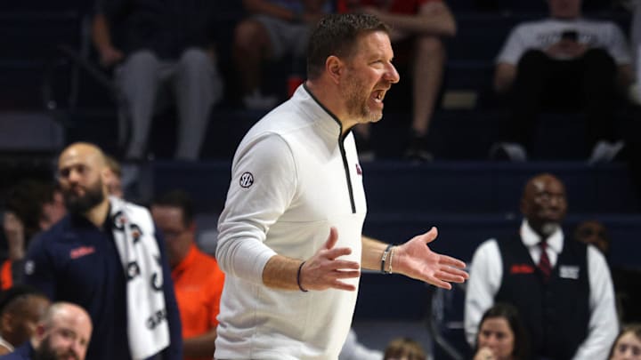 Feb 11, 2026; Oxford, Mississippi, USA; Mississippi Rebels head coach Chris Beard reacts during the second half against the Alabama Crimson Tide at The Sandy and John Black Pavilion at Ole Miss. Mandatory Credit: Petre Thomas-Imagn Images