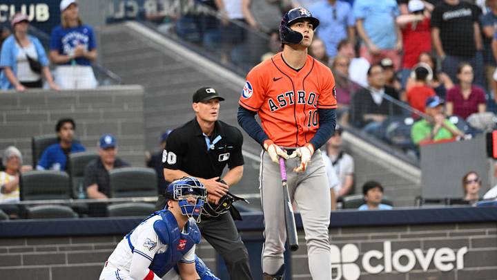 Jun 23, 2026; Toronto, Ontario, CAN;  Houston Astros left fielder Joey Loperfido (10) watches the flight of the ball after hitting a three run home run against the Toronto Blue Jays in the 11th inning at Rogers Centre. Mandatory Credit: Dan Hamilton-Imagn Images