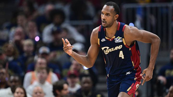 Apr 20, 2026; Cleveland, Ohio, USA; Cleveland Cavaliers center Evan Mobley (4) celebrates after making a three point basket during the second half during game two of the first round of the 2026 NBA Playoffs against the Toronto Raptors at Rocket Arena. Mandatory Credit: David Dermer-Imagn Images