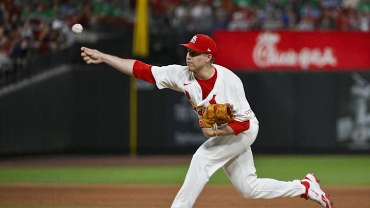 Jun 24, 2025; St. Louis, Missouri, USA;  St. Louis Cardinals relief pitcher Phil Maton (88) pitches against the Chicago Cubs during the eighth inning at Busch Stadium. Mandatory Credit: Jeff Curry-Imagn Images