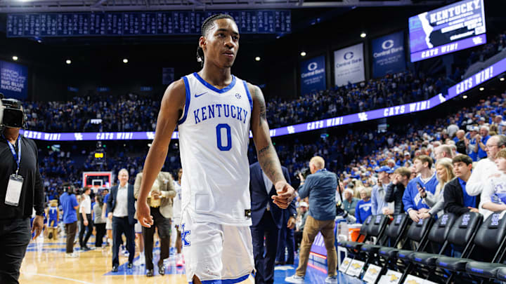 Mar 2, 2024; Lexington, Kentucky, USA; Kentucky Wildcats guard Rob Dillingham (0) walks off the court after the game against the Arkansas Razorbacks at Rupp Arena at Central Bank Center. Mandatory Credit: Jordan Prather-USA TODAY Sports