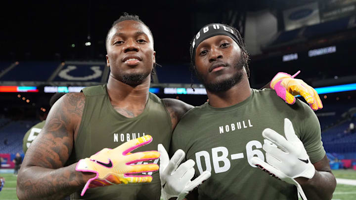 Mar 1, 2024; Indianapolis, IN, USA; Georgia defensive back Javon Bullard (DB47) and Miami-Fl defensive back James Williams (DB67) pose for a photo after work outs during the 2024 NFL Combine at Lucas Oil Stadium. Mandatory Credit: Kirby Lee-Imagn Images Mar 1, 2024; Indianapolis, IN, USA; Georgia defensive back Javon Bullard (DB47) and Miami-Fl defensive back James Williams (DB67) pose for a photo after work outs during the 2024 NFL Combine at Lucas Oil Stadium. Mandatory Credit: Kirby Lee-Imagn Images