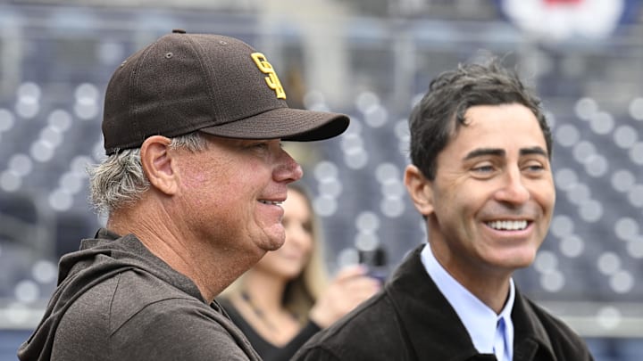 Mar 27, 2025; San Diego, California, USA; San Diego Padres general manager A.J. Preller looks on before an Opening Day baseball game between the San Diego Padres and the Atlanta Braves at Petco Park. Mandatory Credit: Denis Poroy-Imagn Images

