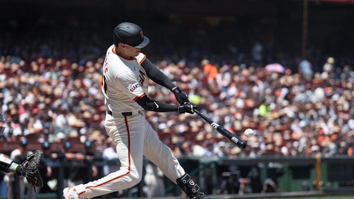 Jun 16, 2024; San Francisco, California, USA;  San Francisco Giants first base Wilmer Flores (41) hits a double during the fourth inning against the Los Angeles Angels at Oracle Park. 
