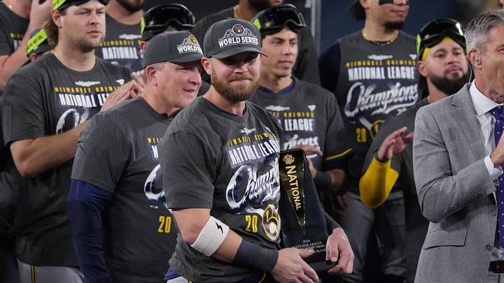 Oct 15, 2026; Los Angeles, California, USA; Milwaukee Brewers first baseman Jake Bauers (9) celebrates with the MVP trophy after defeating the Los Angeles Dodgers in game four of the NLCS for the 2026 MLB Playoffs at Uniqlo Field at Dodger Stadium. Mandatory Credit: Kirby Lee-Imagn Images Oct 15, 2026; Los Angeles, California, USA; Milwaukee Brewers first baseman Jake Bauers (9) celebrates with the MVP trophy after defeating the Los Angeles Dodgers in game four of the NLCS for the 2026 MLB Playoffs at Uniqlo Field at Dodger Stadium. Mandatory Credit: Kirby Lee-Imagn Images