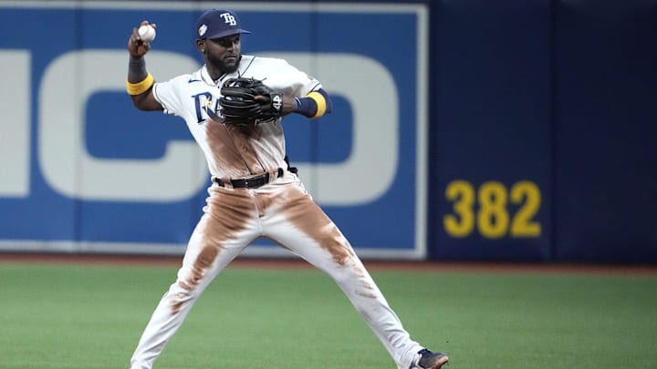 Jun 24, 2023; St. Petersburg, Florida, USA; Tampa Bay Rays second baseman Vidal Brujan (7) throws