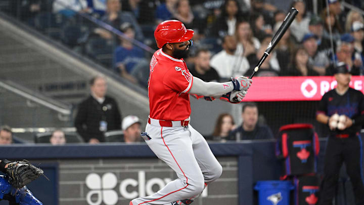 May 8, 2026; Toronto, Ontario, CAN;  Los Angeles Angels right fielder Jo Adell (7) hits a single against the Toronto Blue Jays in the fifth inning at Rogers Centre. Mandatory Credit: Dan Hamilton-Imagn Images