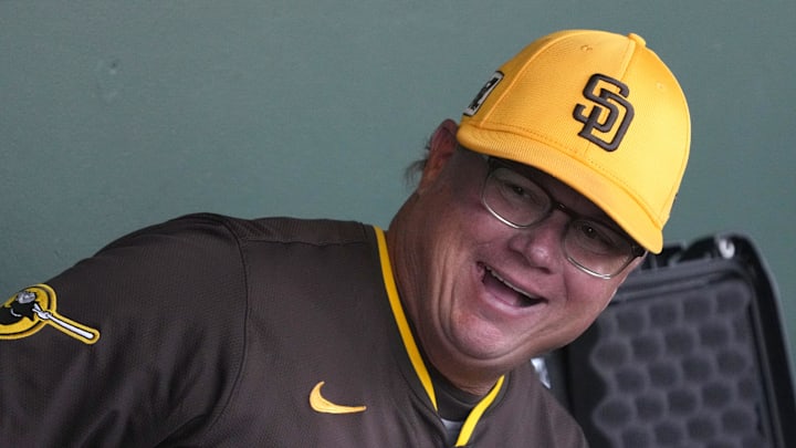 Mar 18, 2025; Scottsdale, Arizona, USA; San Diego Padres manager Mike Shildt (8) gets ready for a game against the San Francisco Giants at Scottsdale Stadium. Mandatory Credit: Rick Scuteri-Imagn Images Mar 18, 2025; Scottsdale, Arizona, USA; San Diego Padres manager Mike Shildt (8) gets ready for a game against the San Francisco Giants at Scottsdale Stadium. Mandatory Credit: Rick Scuteri-Imagn Images