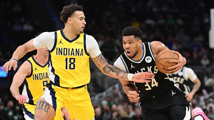 Mar 15, 2026; Milwaukee, Wisconsin, USA; Milwaukee Bucks forward Giannis Antetokounmpo (34) drives for the basket against Indiana Pacers forward Jalen Slawson (18) in the first quarter at Fiserv Forum. Mandatory Credit: Benny Sieu-Imagn Images Mar 15, 2026; Milwaukee, Wisconsin, USA; Milwaukee Bucks forward Giannis Antetokounmpo (34) drives for the basket against Indiana Pacers forward Jalen Slawson (18) in the first quarter at Fiserv Forum. Mandatory Credit: Benny Sieu-Imagn Images
