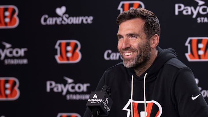 Bengals quarterback Joe Flacco smiles during a press conference at Paycor Stadium in Cincinnati on Oct. 14, 2025. Bengals quarterback Joe Flacco smiles during a press conference at Paycor Stadium in Cincinnati on Oct. 14, 2025.