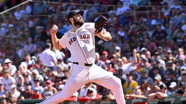 Aug 31, 2025; Boston, Massachusetts, USA; Boston Red Sox starting pitcher Lucas Giolito (54) pitches against the Pittsburgh Pirates during the fourth inning at Fenway Park. Mandatory Credit: Eric Canha-Imagn Images