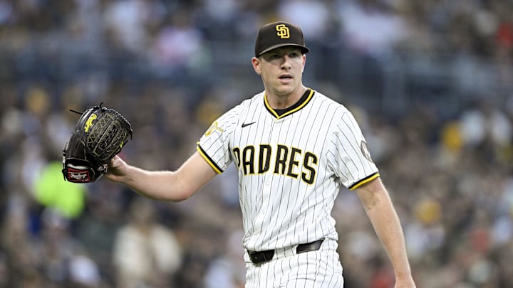 Apr 29, 2025; San Diego, California, USA; San Diego Padres starting pitcher Nick Pivetta (27) comes off the field after pitching during the second inning against the San Francisco Giants at Petco Park. Mandatory Credit: Denis Poroy-Imagn Images